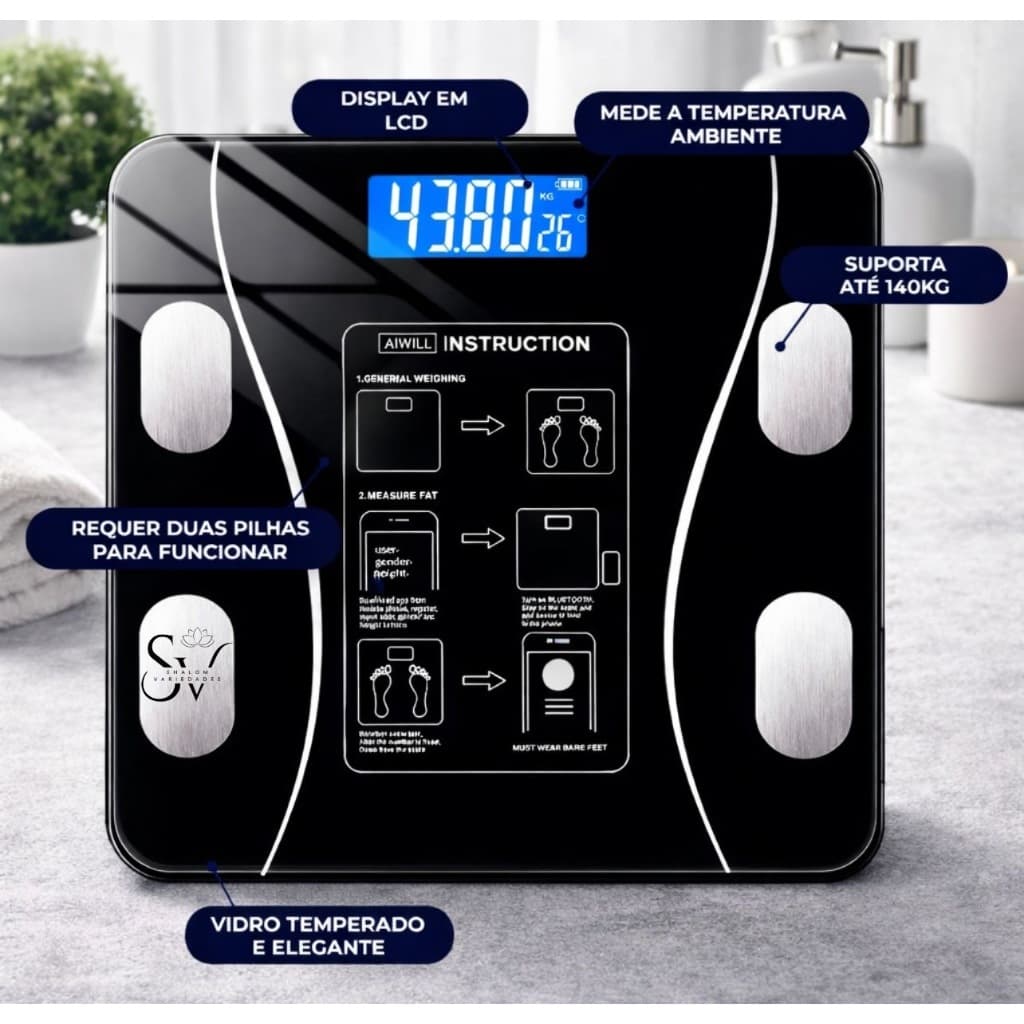 Balança Inteligente Digital Corporal com Bioimpedância e Bluetooth | App Grátis | Suporta até 140kg