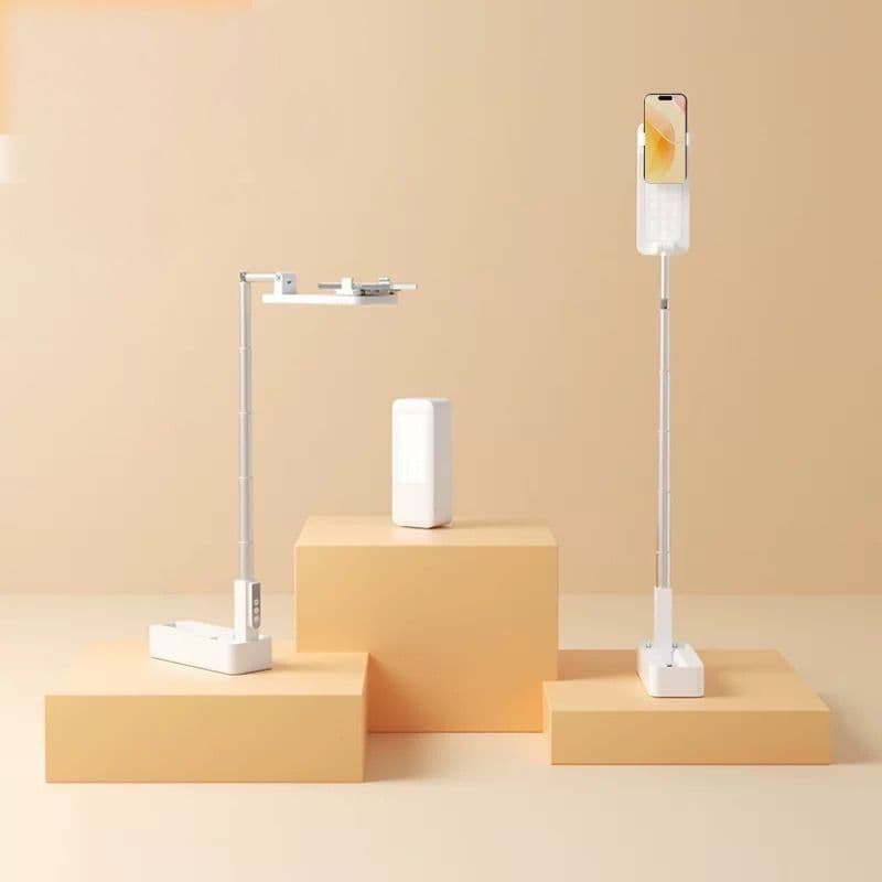 Suporte Para Celular BRANCA Dobrável Ajustável Altura Multifuncional Com Iluminador e Giro 360 com Controle Bluetooth