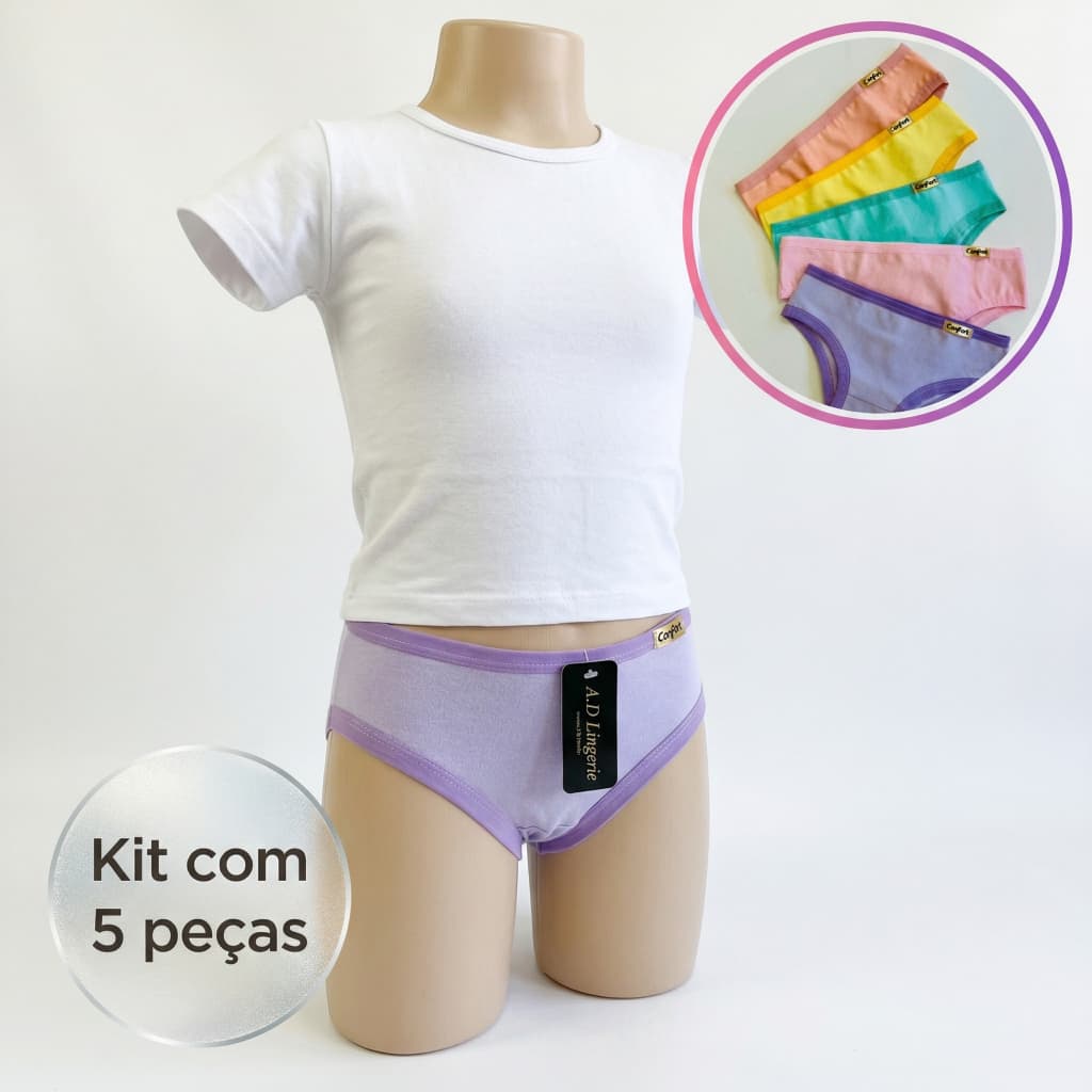 Kit 5 Calcinhas Infantil Menina 100% Algodão Antialérgica Calçolinhas lisa