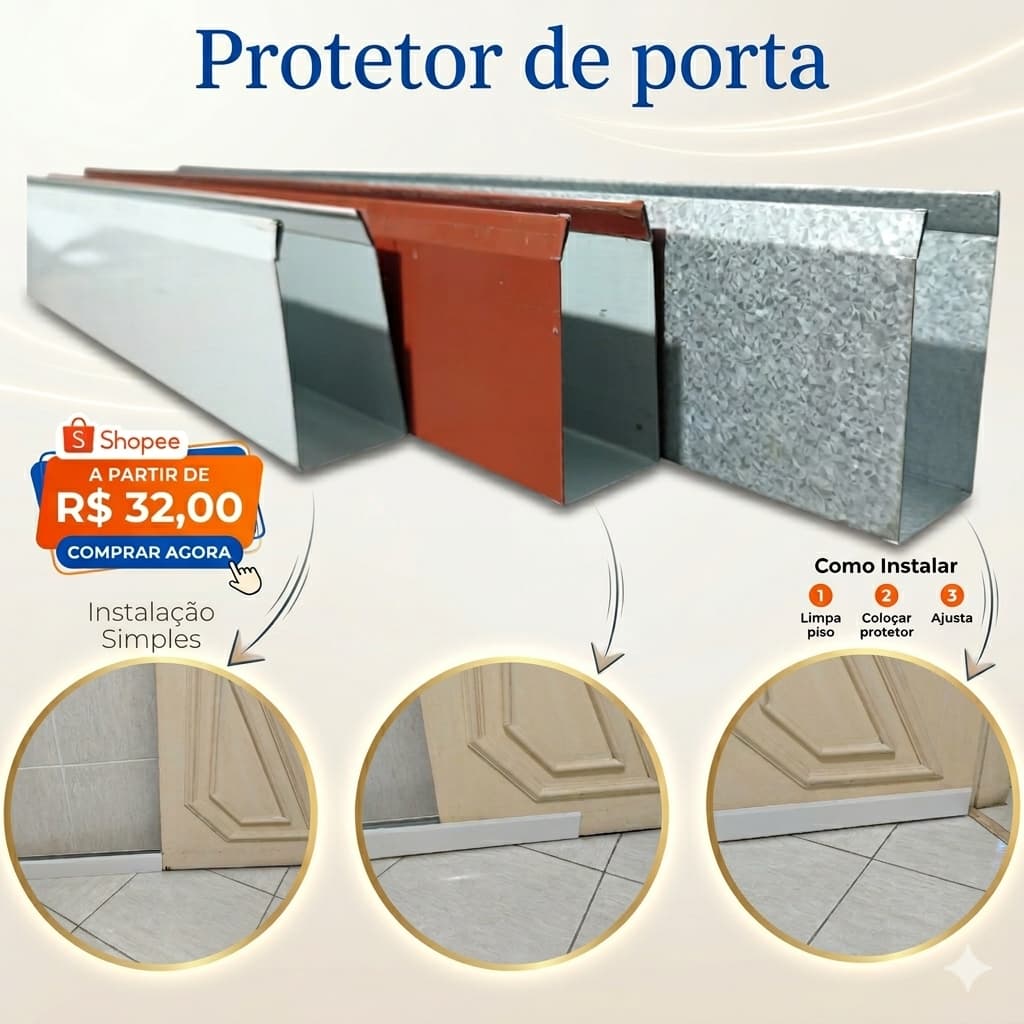 Protetor de Porta de Chapa Galvanizada Salva Porta 7,5cm x 60cm, 70cm, 80cm e 90cm – Branco, Marrom ou Galvalume