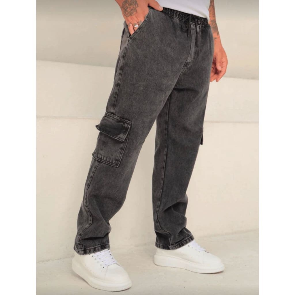 Calça Cargo Com Bolso Lateral Ajuste Elástico e Cordão Estilo Urbano cinza Estonada Grafite