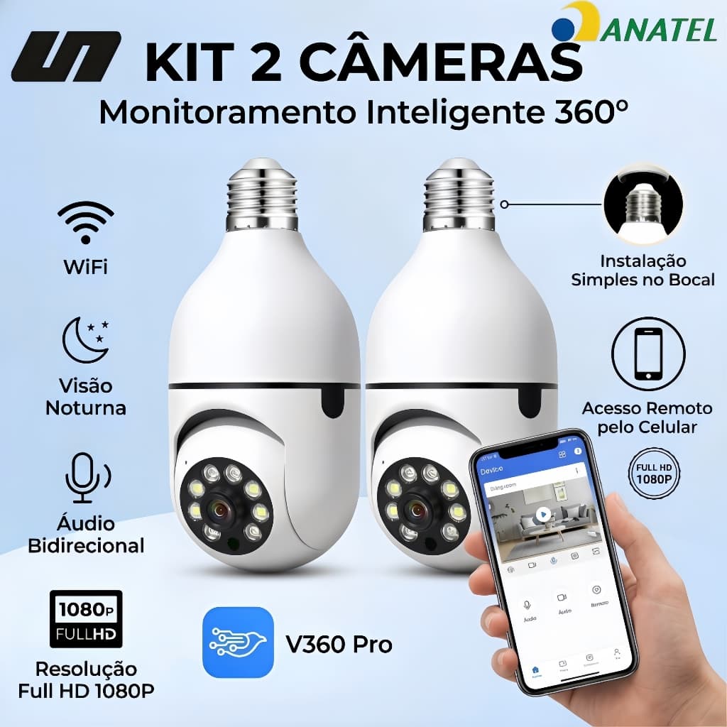 Câmera Segurança WiFi 360° 1080P IR Impermeável Visão Noturna Soquete Lâmpada 8177