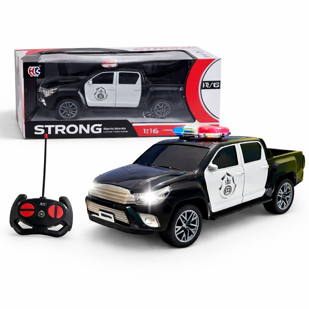 Carro c/ Controle Remoto 1:16  Grande Farol Luz Som Recarregável Caminhonete Pick Up Policia Cop