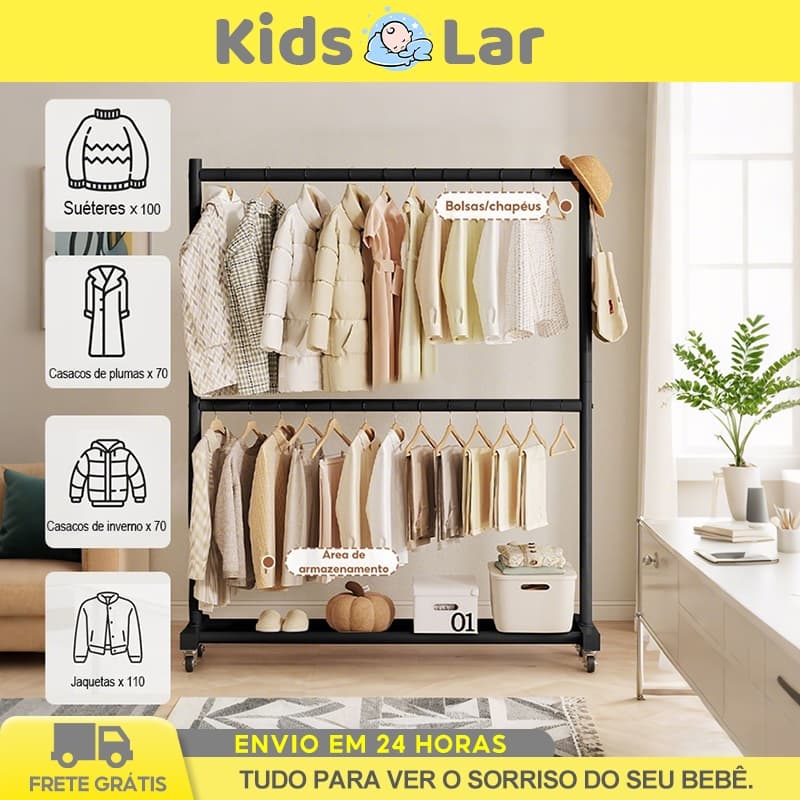 Arara de Roupas Multiuso Estendal Para Secar Colchas com Sapateira e Rack Cabideiro de Carbono com Rodinhas