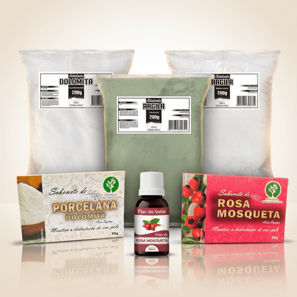 Kit da Mulher Autocuidado Feminino Dolomita Argila Branca e Verde Óleo de Rosa Mosqueta e Sabonetes