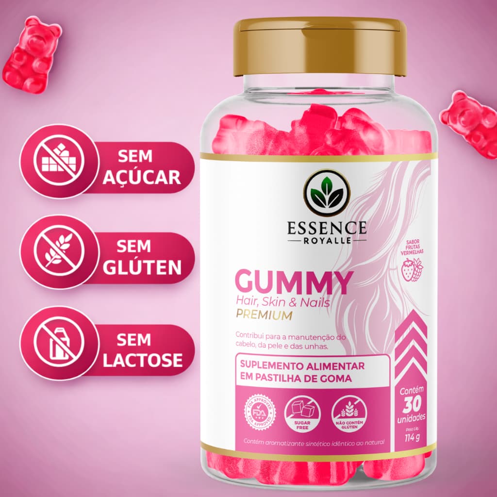 Gummy Hair Zero Açúcar Crescimento Capilar – Biotina + Ácido Hialurônico Vitaminas Cabelo Pele Unhas