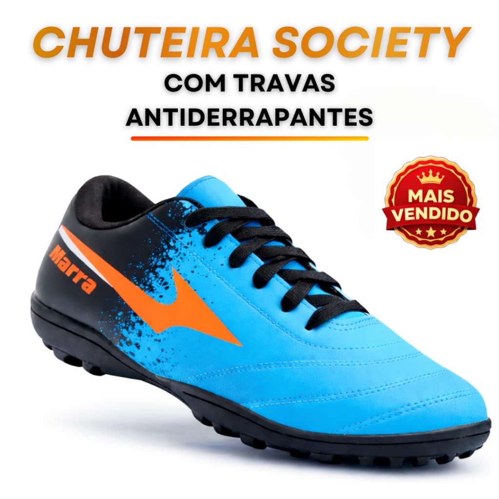 Chuteira Society Adulto Masculina Azul Celeste Leve e Super Reforçada Confortável Antiderrapante