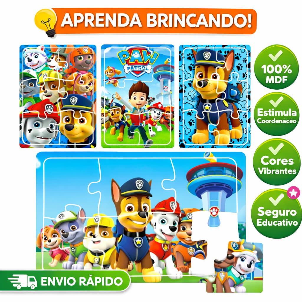 Kit 4 Quebra Cabeça em Mdf 6 Peças Jogo Pedagógico Infantil Lúdico Educativo Patrulha Canina