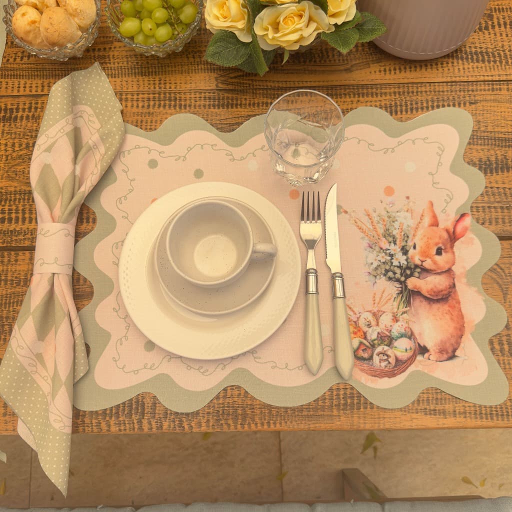 Supla de Mesa Posta - Jogo Americano Coleção Páscoa – Coelho da Páscoa (Sousplat e Guardanapo)