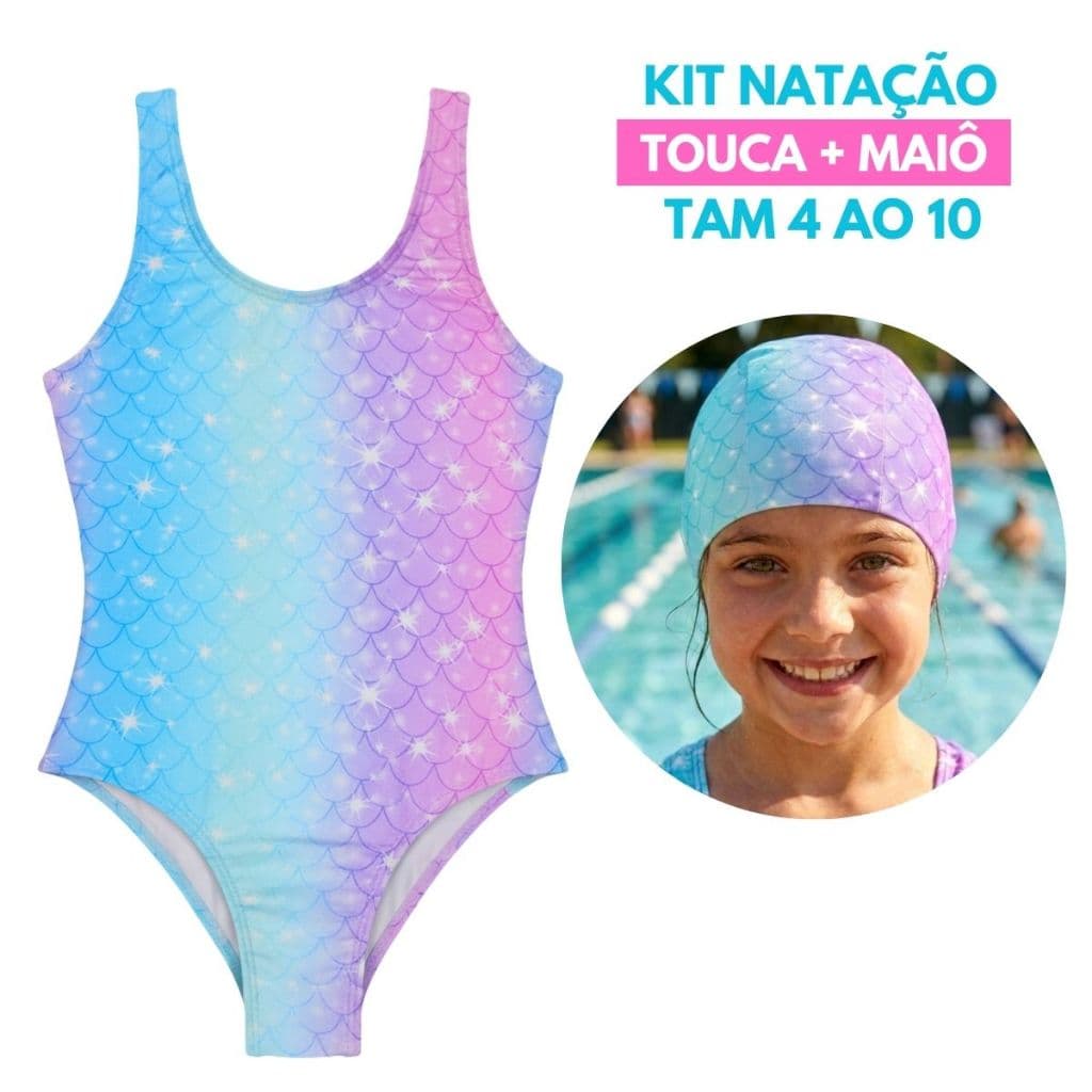 Kit Natação Menina Maiô E Touca De Tecido Confortável Kids Tam 4 ao 10