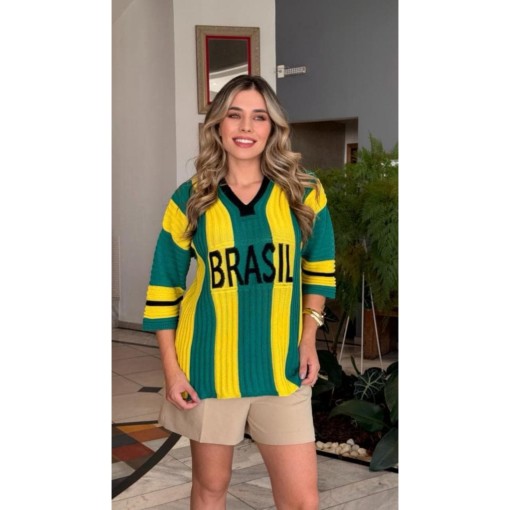 Blusa Brasil Feminina Tricot Manga 3/4 Verde e Amarelo Camisa Copa do Mundo Suéter Canelado