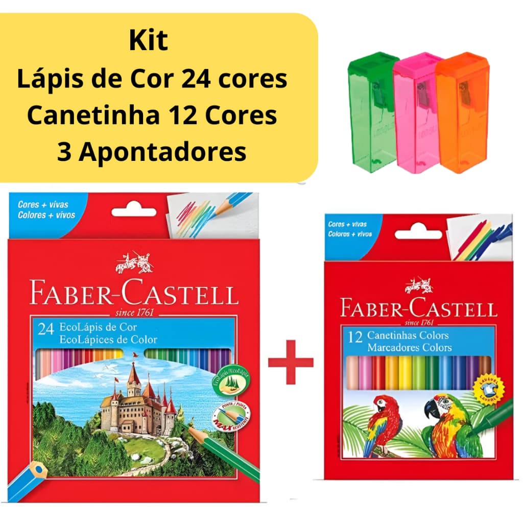 Faber-Castell Kit Lápis de Cor 24 Cores + 12 Canetinhas Hidrocor + Apontador