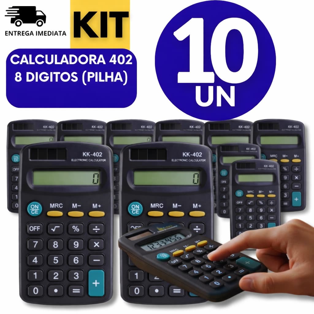 KIT 10/886/5 Calculadora Eletrônica KK-402 8 Dígitos a Pilha – Portátil Escritório Escola