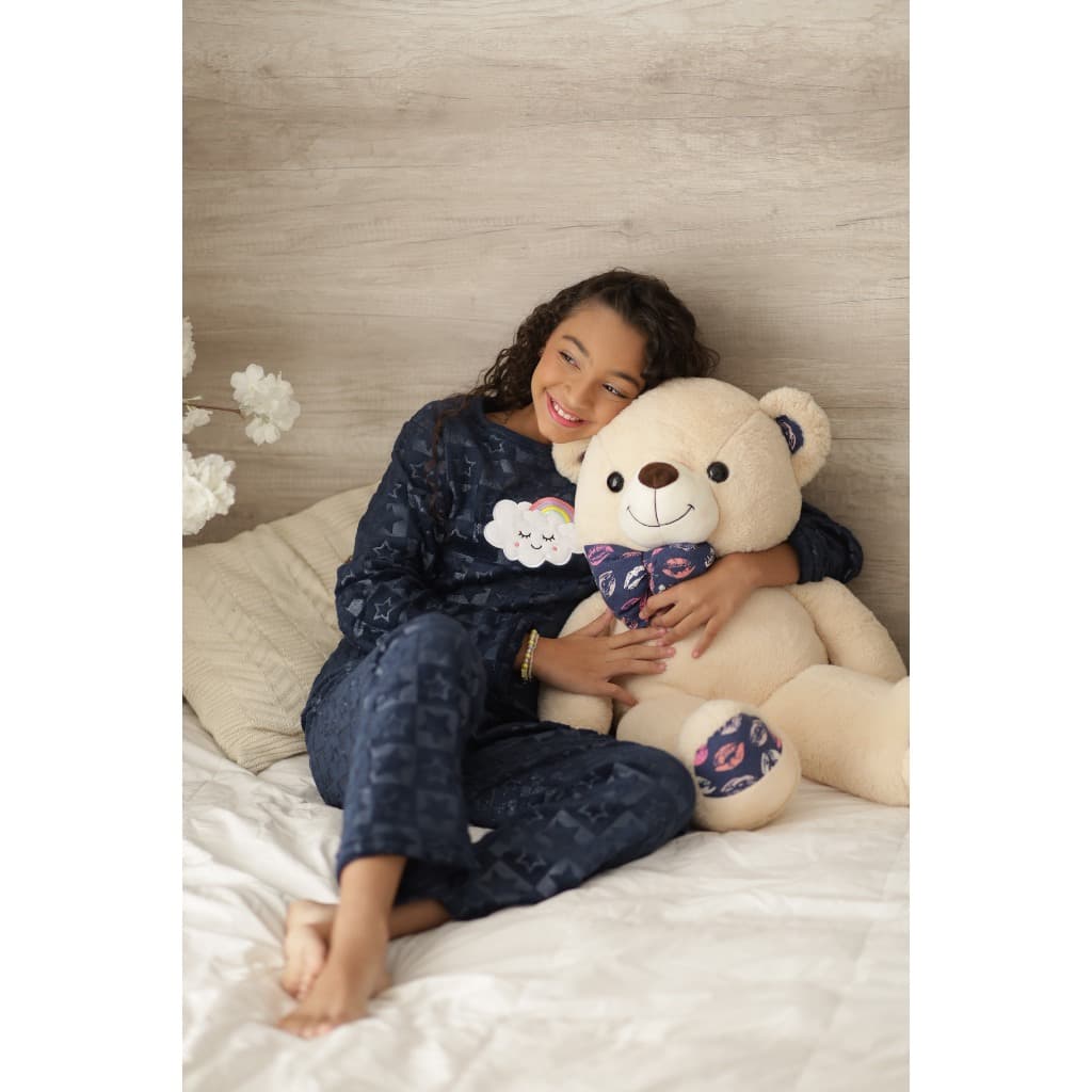 Smara Modas Pijama Fleece Infantil Longo Bordado Texturizado Confortável do 8 ao 14