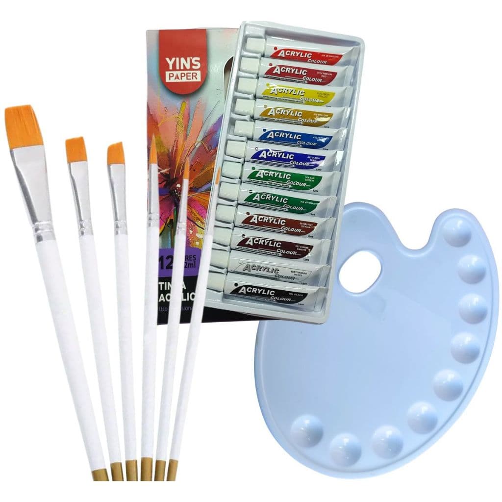 Kit Pinceis Redondos e Chanfrados 12 Tintas Acrilica e Godê 9 Cavidades Pintura