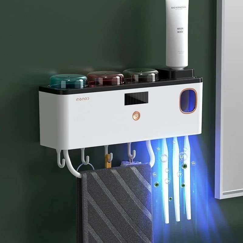 Suporte Esterilizador UV para Escova de Dentes com 2 Copas, Dispenser Automático e Antibacteriano-K9