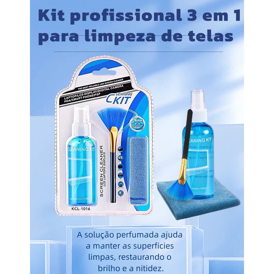 Kit 3 Em 1 Limpeza De Tela Lcd Com Solução, Pano E Escova sem Manchar Modelo KCL-1016