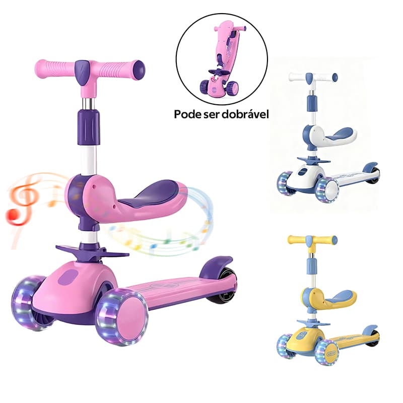 Patinete Infantil 3 Rodas De Led Musical Ajustável Dobrável Scooter Crianças e Guidão Ajustável -B03