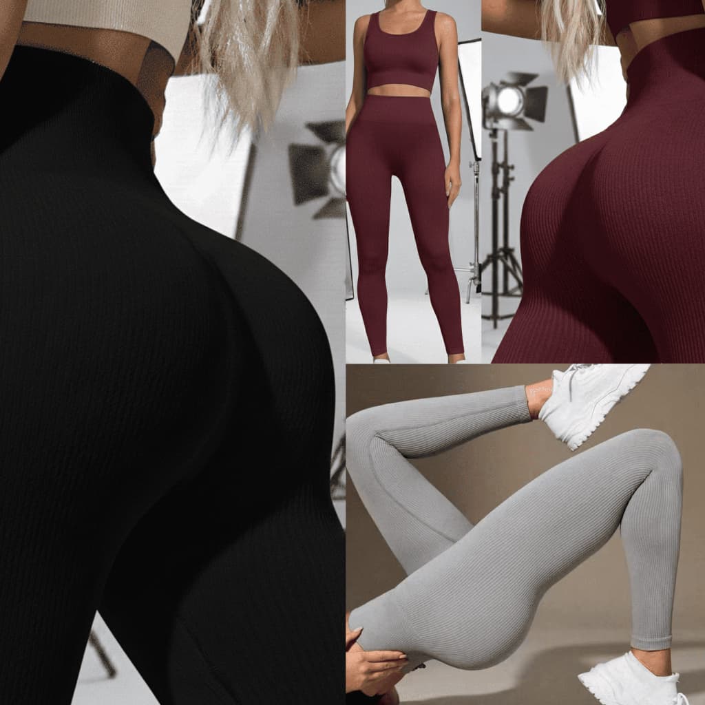 Calça Legging Canelada de Cintura Alta Sem Costura para Academia Feminina