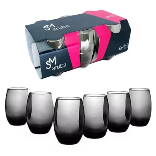 Jogo c/ 6 Copos de Vidro Aruba cinza Nadir Figueiredo 465ml Fumê Long Drink mais vendido para suco agua refrigerante