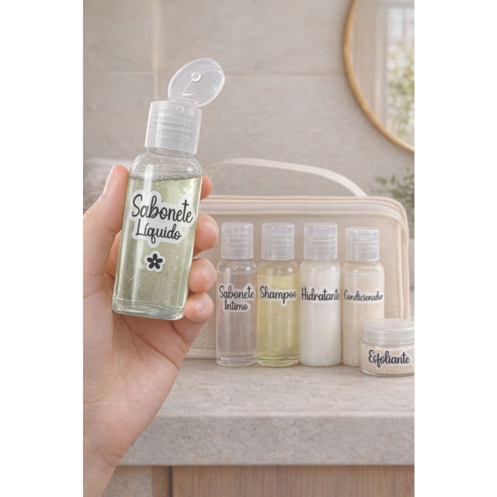 Kit 8 Adesivos para Viagem e Banheiro – Organizador Shampoo, Sabonete e Hidratante