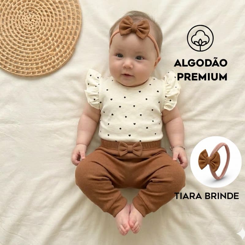 conjunto kit body  bebê menina minimalista / 3 peças em algodão premium/minimalista/ shorts/ calça body e tiara