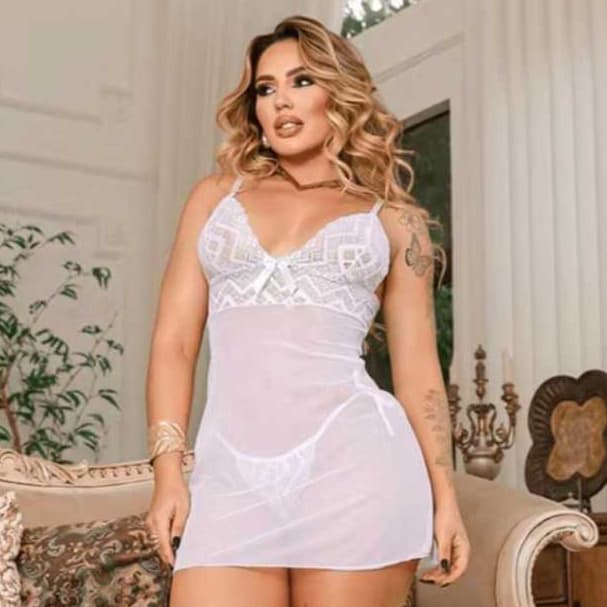 Camisola Sensual Feminina em Renda Conjunto Lingerie Transparente com Calcinha Estilo Baby Doll