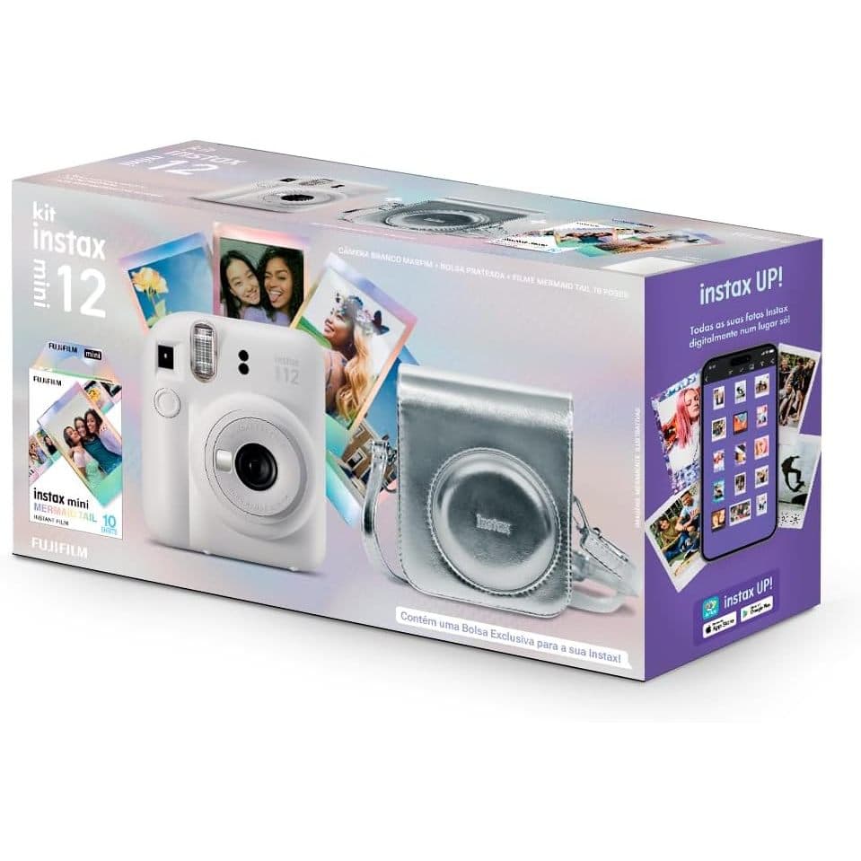 Kit Câmera Instax Mini 12 com pack 10 fotos Mermaid Tail e Bolsa Prateada