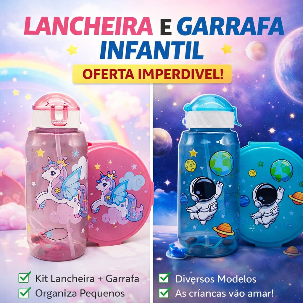 Kit Lancheira Refeição Infantil Com Divisória, Colher, Garfo, Garrafa Escolar Volta as Aulas