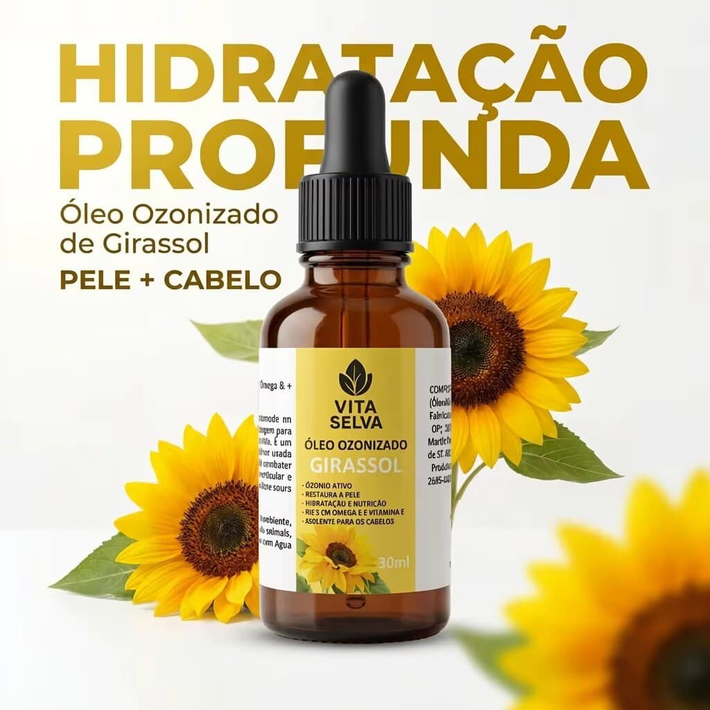 Óleo Ozonizado de Girassol 30 ml Poderoso | Hidrata Pele, Nutre Cabelos e Regenera Naturalmente