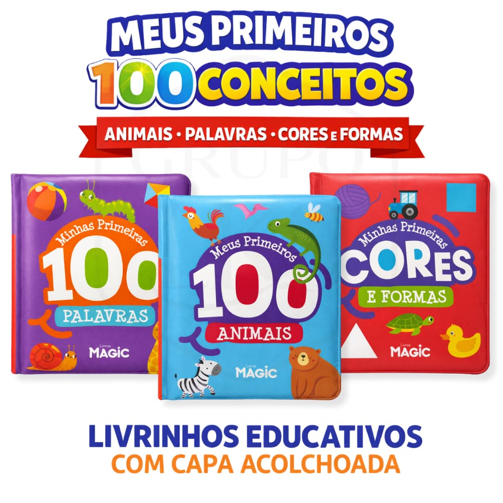 Livros Educativos Infantis Capa Acolchoada | 100 Conceitos Animais Cores Palavras