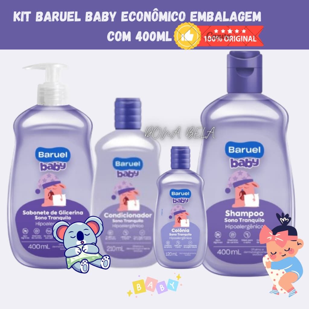Kit Baruel Baby Sono Tranquilo Bebê: Shampoo Condicionador  Sabonete liquido Bebê e Colônia
