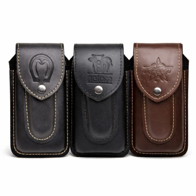 capa bainha de celular com porta canivete em couro