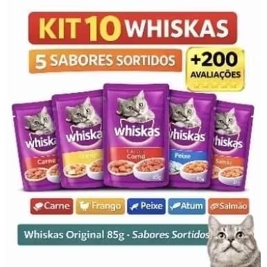KIT WHISKAS SACHÊ PARA GATOS 85G – 10 UNIDADES COM SABORES SORTIDOS - SALMÃO/FRANGO/CARNE/ATUM/PEIXE