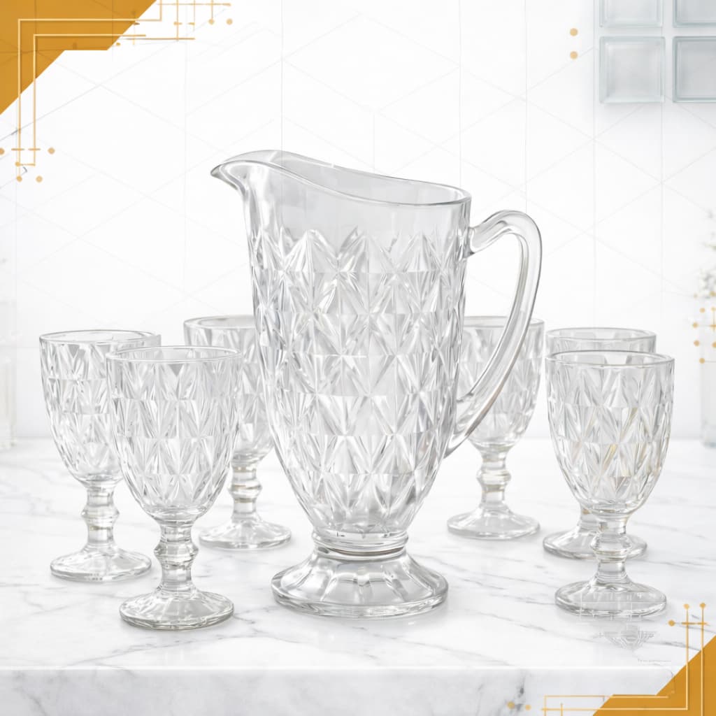 Jarra 1200ml Diamond e 06 Taças 340ml Diamond Suco Agua Transparente Luxo Possui Variações