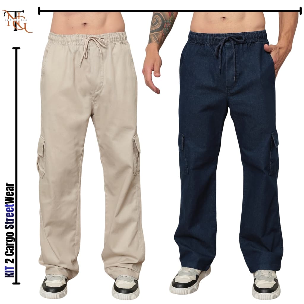 Kit 2 Calças Cargo Estilo Larga Balão Streetwear Confort Jeans e Sarja