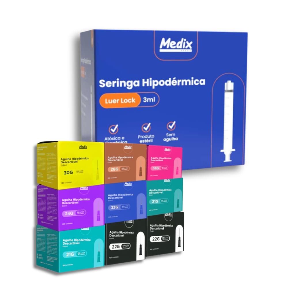 Kit 100 Seringas 3ml Luer Lock + 100 Agulhas HiPodérmicas