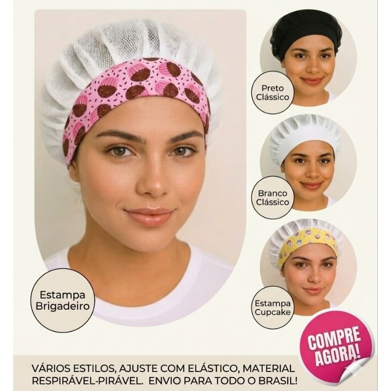 Touca de cozinha em tecido telinha  faixa em tecido 100% algodão lanchonete padaria restaurante com elástico (1 unidade)