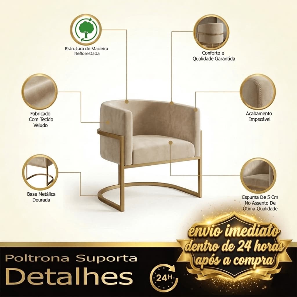 Poltrona Luna Com Base de Metal Decorativa Para Sala Salão Escritório Recepção Veludo