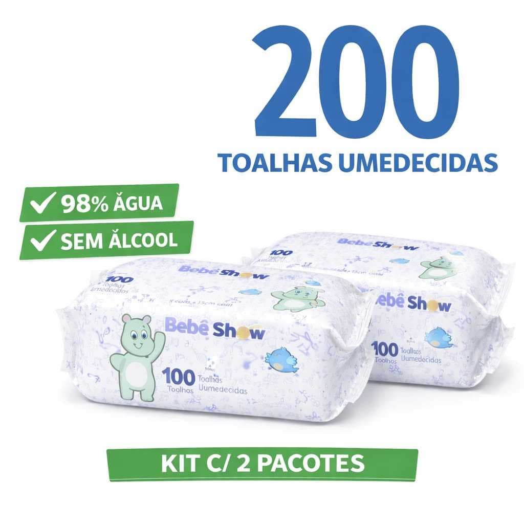 Toalha Umedecida Bebê 200 Lenços | Sem Álcool 98% Água | Kit C/ 2 Pacotes Econômico Promoção