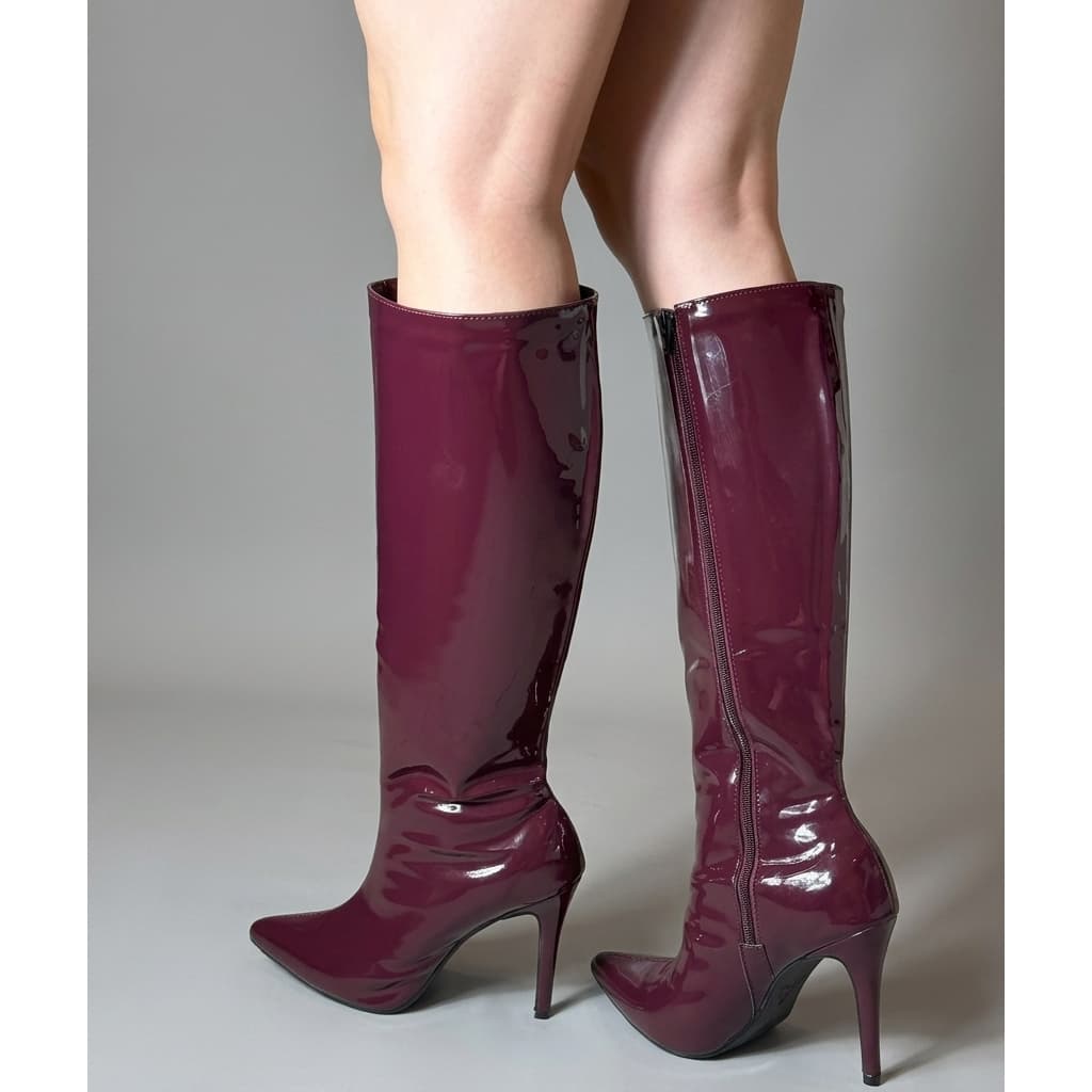 Bota feminina cano alto salto fino verniz zíper forrada