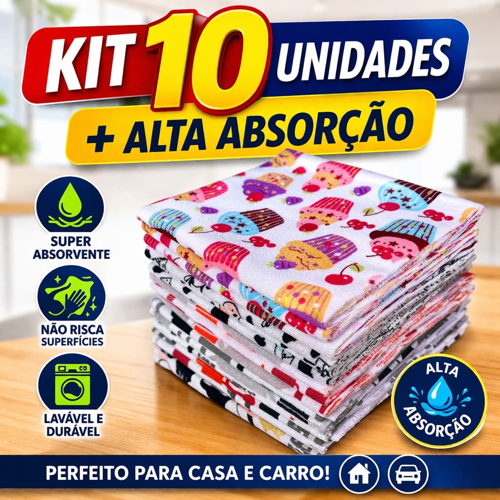 Kit 10 Pano De Pia Para Limpeza Flanela Microfibra Multiuso Casa e Carro Alta Absorção