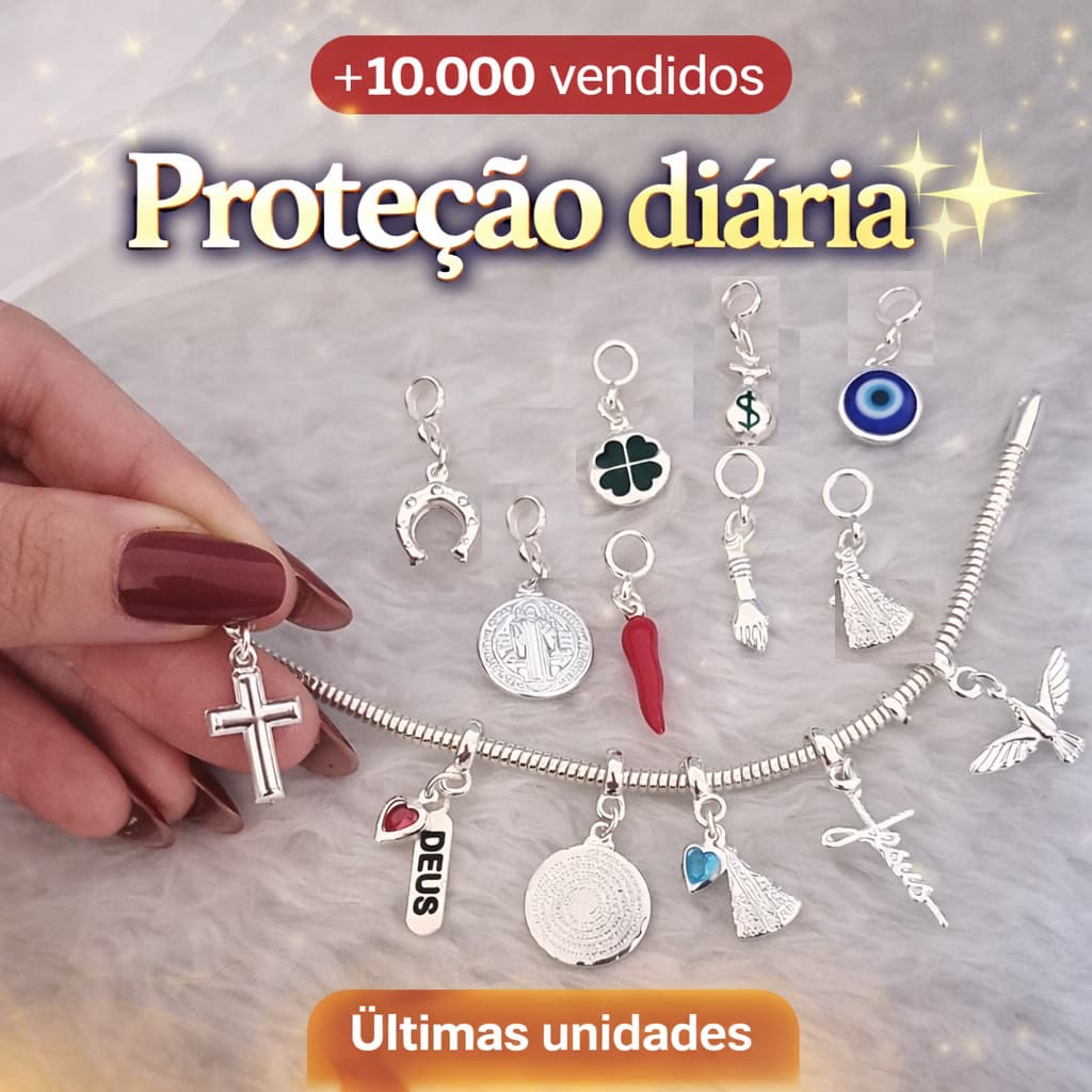 Berloque Religioso Pingente Proteção e Fé (Olho Grego, Cruz, Nossa Senhora, São Bento, Pai Nosso, Trevo e Mais) Prata