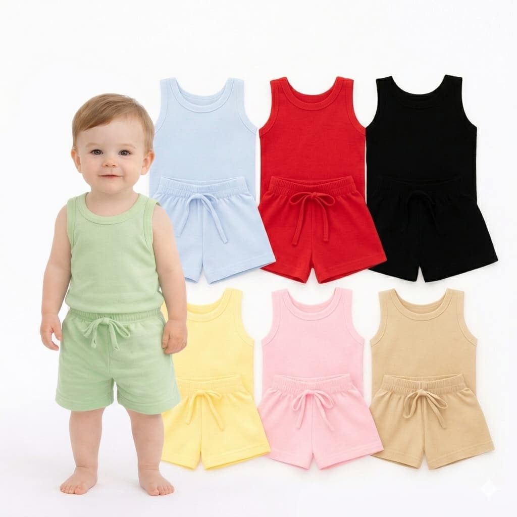 KIT 3 CONJUNTO INFANTIL 6 PEÇAS CAMISETA REGATA E SHORT BEBÊ MENINO MENINA BÁSICO LISO VERÃO