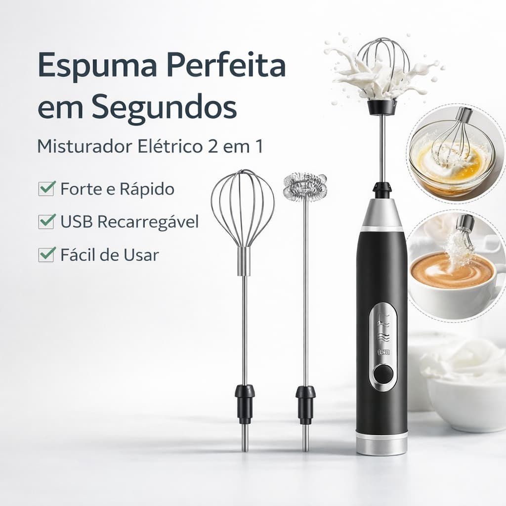Misturador Elétrico 2 em 1 Espumador de Leite USB Recarregável Batedor Café Ovos