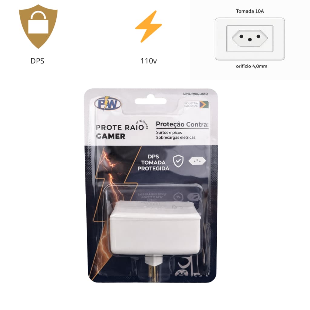 Protetor contra Surtos, Raios e Descargas para Video Game Gamer 10A 110V/127v PW - PC, PS5, XBOX, PS4, XBOX SERIES