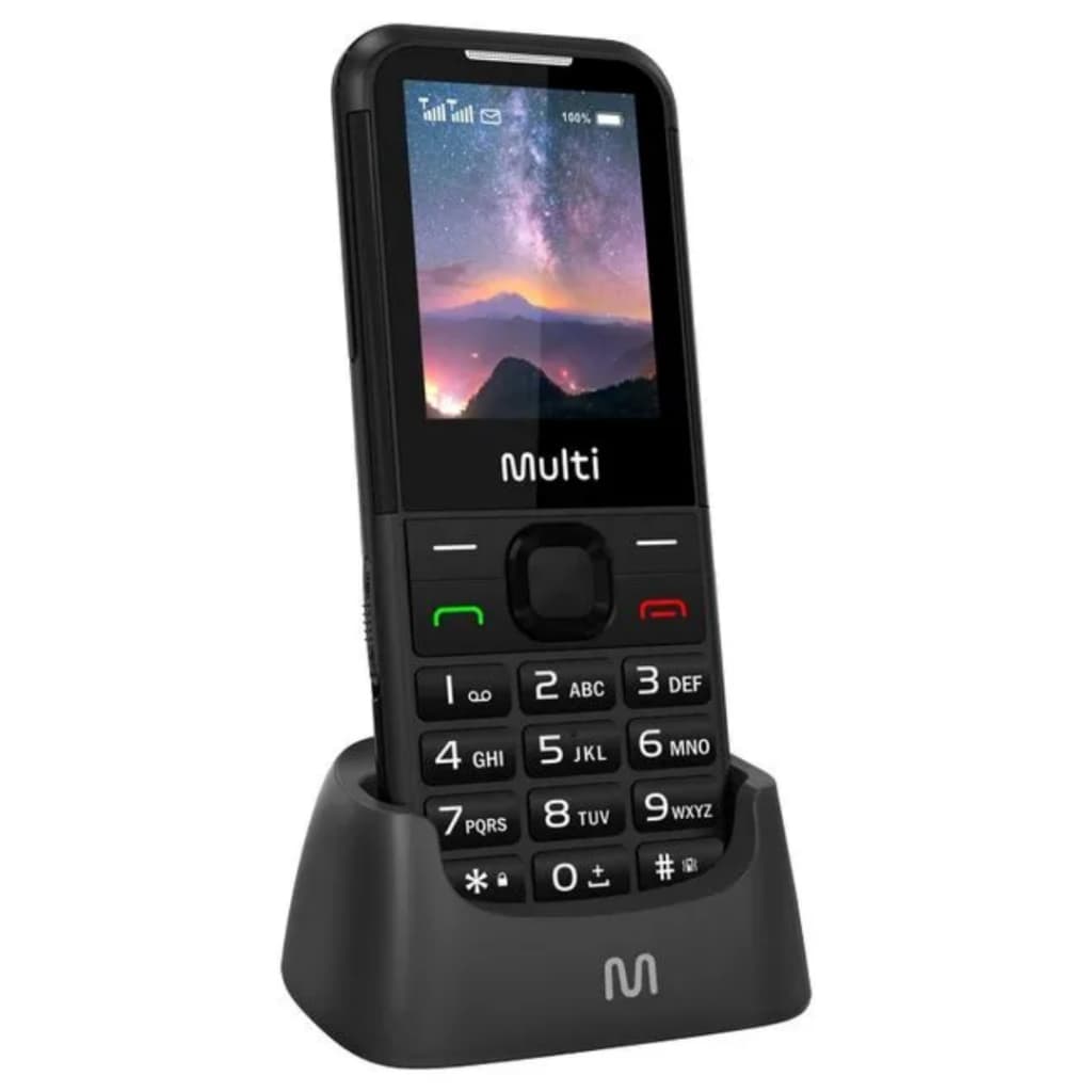 Celular Tecla Grande Idosos com Base Carregadora Dual Chip Lanterna 2,4" Botão SOS Mp3