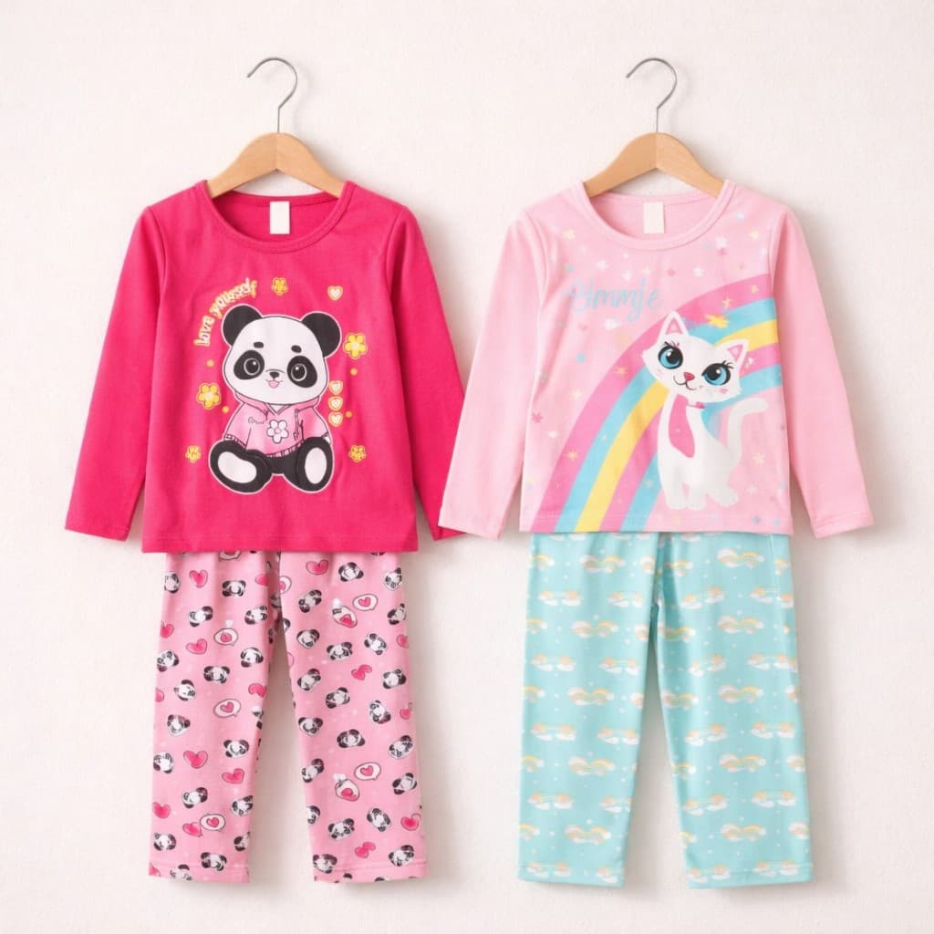Kit Pijama Infantil Inverno 2 Conjuntos 100% Algodão Manga Longa Roupa de Dormir Menina