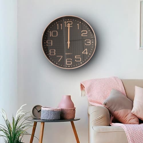 Relógio de Parede Redondo Grande Preto com Rose Gold 30x30cm Quartz Silencioso Moderno Sofisticado