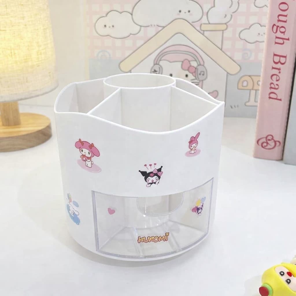 Porta Treco Organizador Mesa Escritório de 360° Caneta Lápis Plastico Com Divisoria Com Gaveta